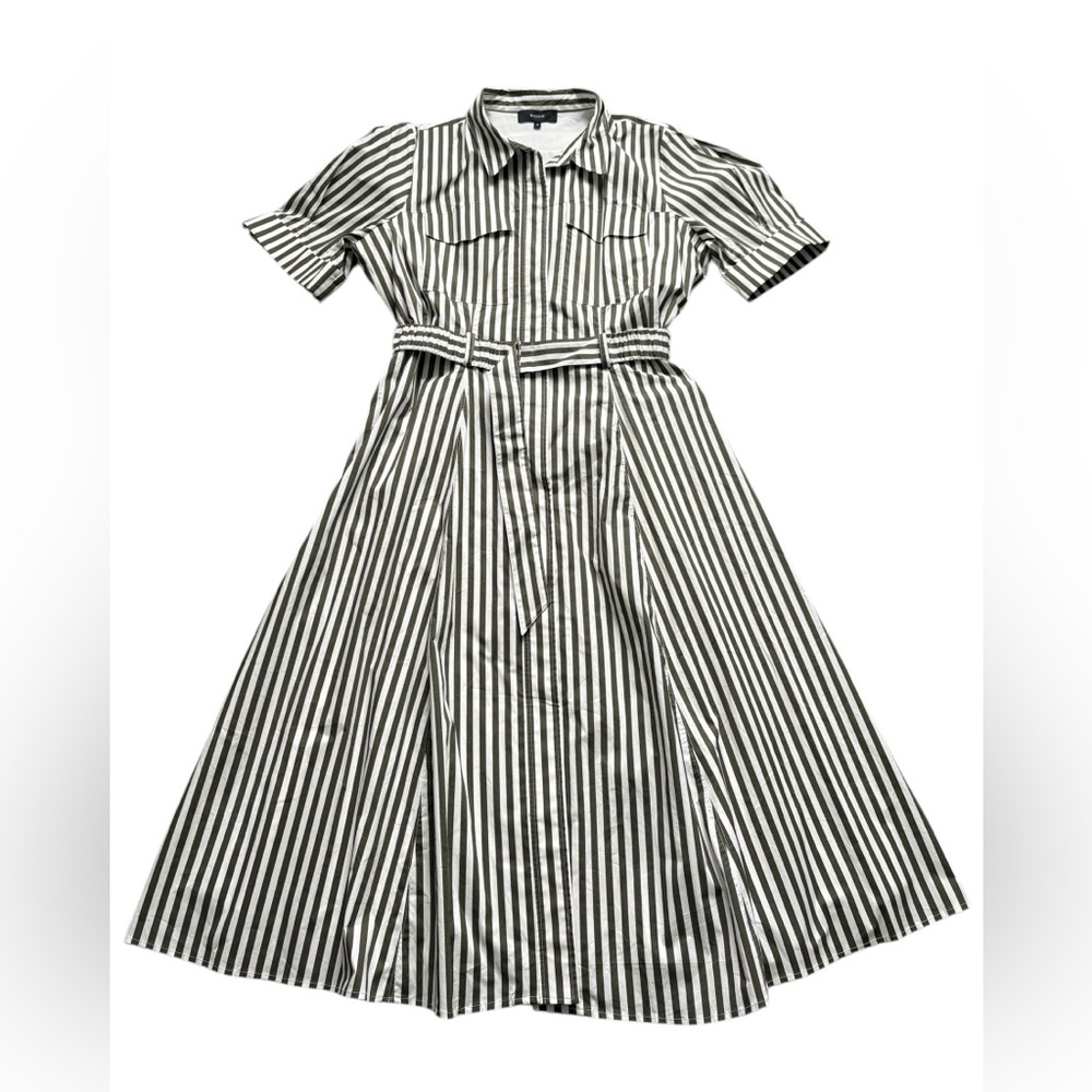 Basque cotton white and army green stripped collard belted lined dress size 16.